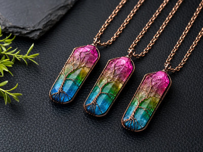 Natural Crystal Tree of Life Wire Wrapped Healing Stone Pendant Necklace